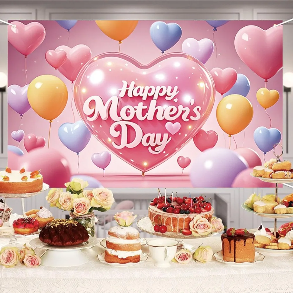 

Pink Happy Mother’s Day Backdrop Romantic Love Heart Mother Photography Backdrop Polyester Hanging Background Home Party Decor
