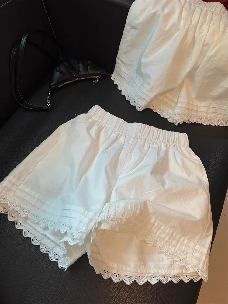 

High Waist Casual Shorts Women's Summer New Loose Wide Leg Pants Home Outdoor Wear Lace Trim Splicing Comfortable Straight Tube