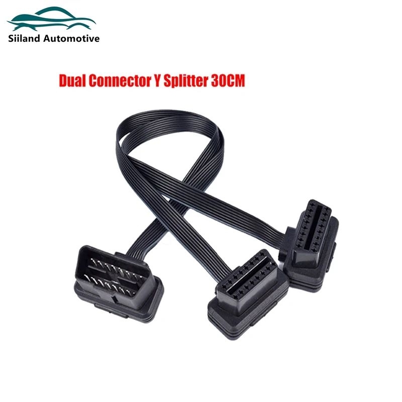 30CM OBDII Extension Dual Connector Y Splitter OBD OBD2 16PIN Male to Female Connection Flat+Thin as Noodle ELM327