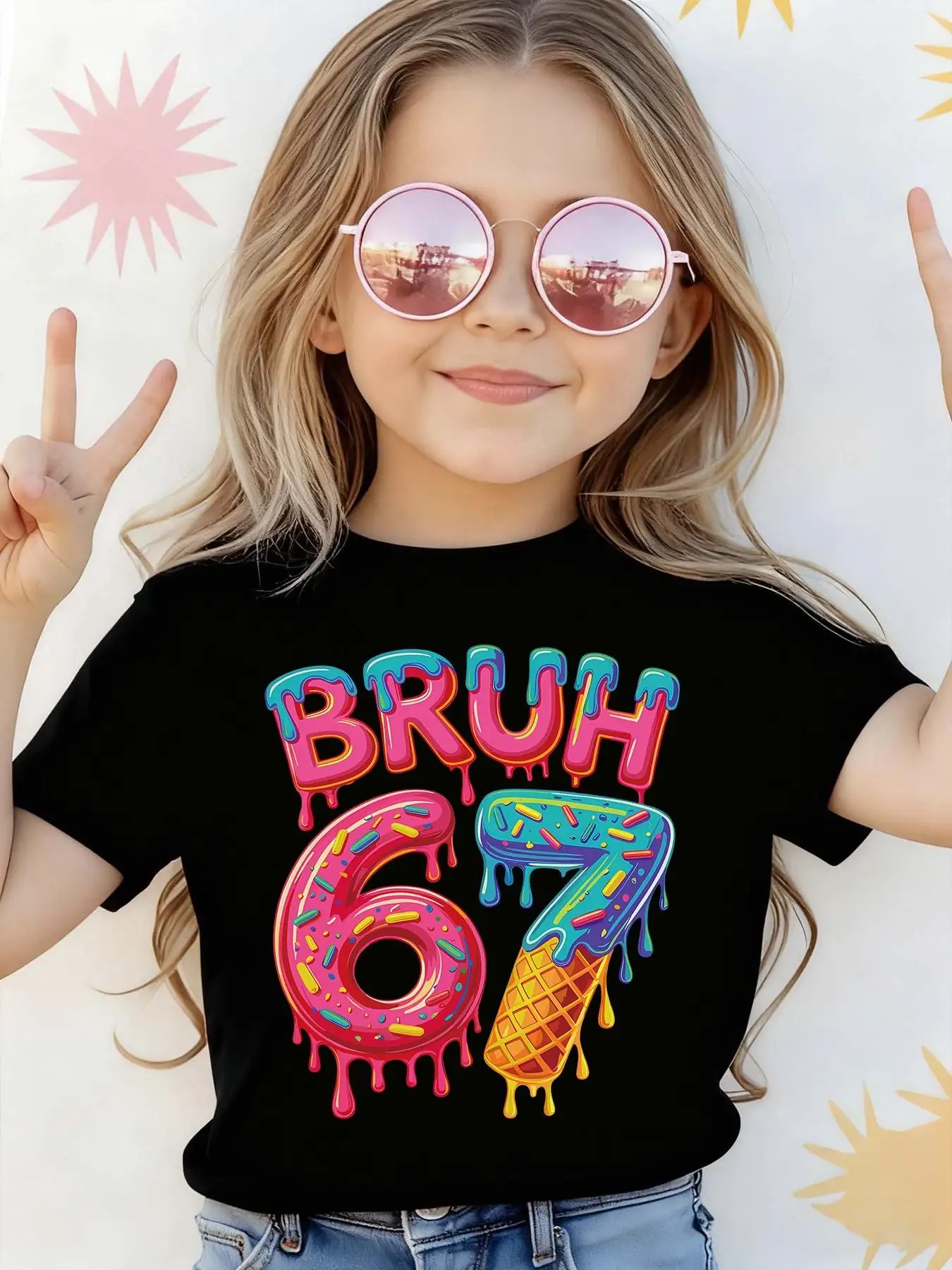 Colorful Ice Cream 67 Six Seven Pattern Print 1-Piece Casual Sports Short-Sleeve Shirt for Girls with Colorful Patterns and Solid Color Short-Sleeve Dopamine Clothing, Comfortable for Home and Versatile for Going Out