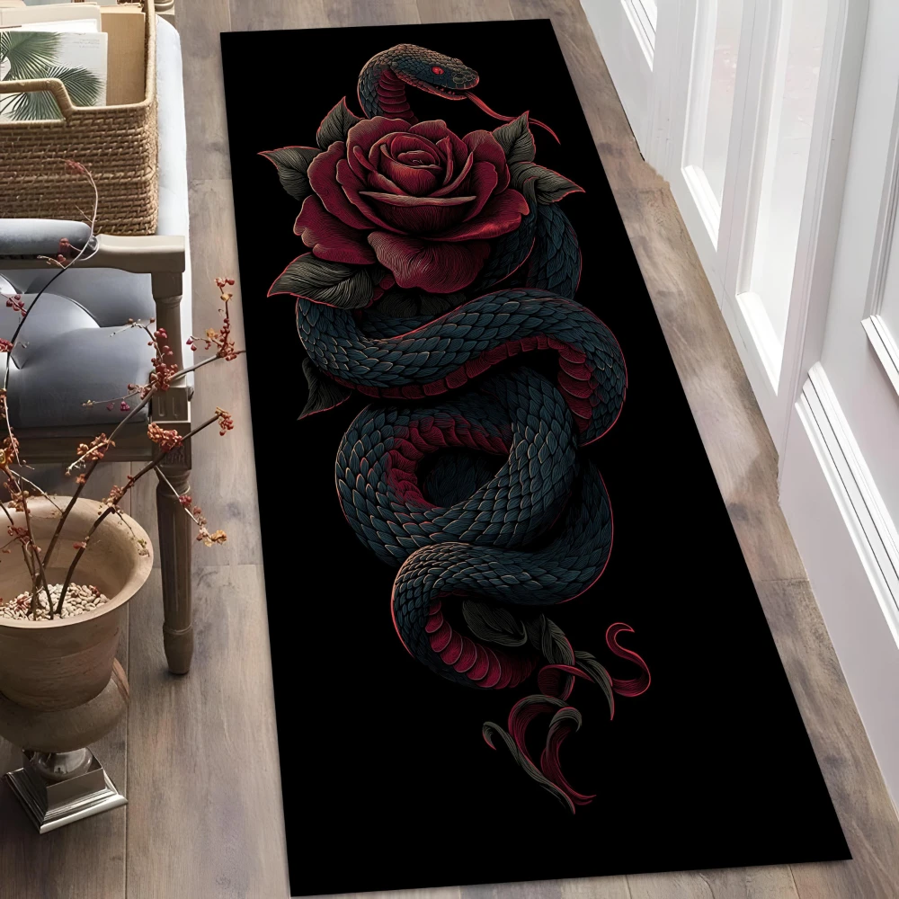 Vintage Gothic Black Snake Peach Rose Frame runner rug hallway entry foyer cottage basement loft villa floor mat gift