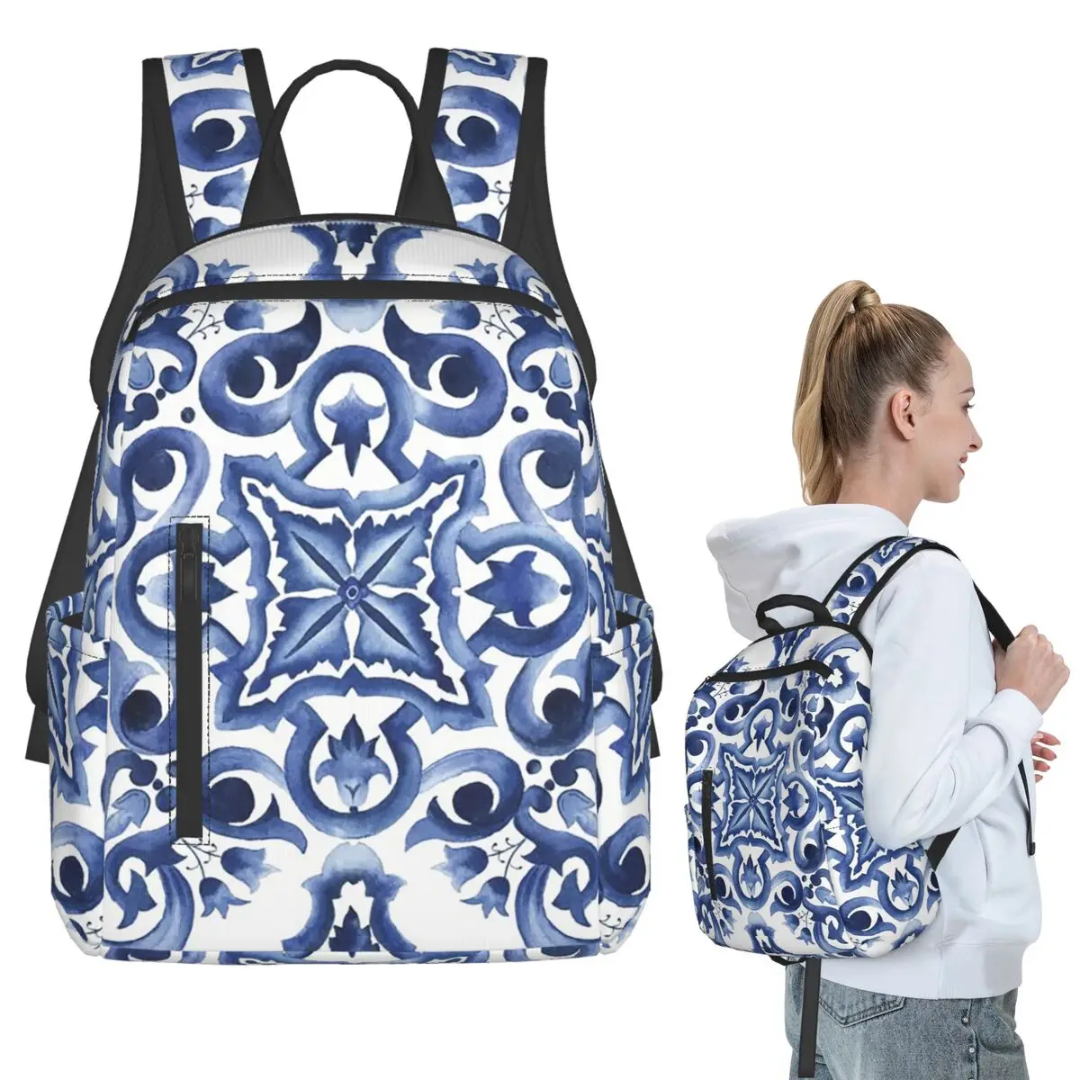Blue Ornate Floral Mediterranean Sicilian Tile Backpack Student BookBag Children School Bag Laptop Shoulder Bags Men Women