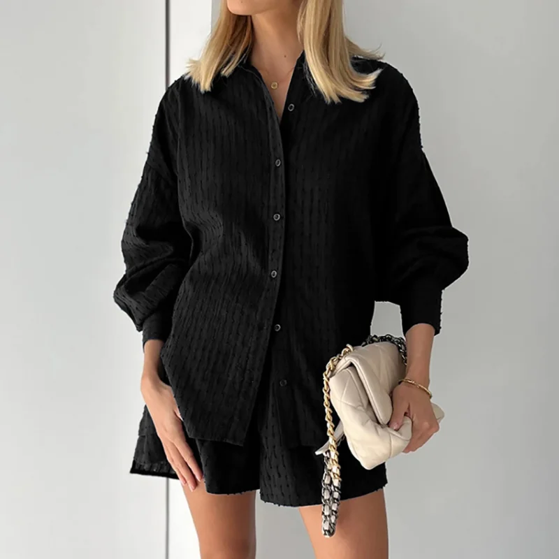 Suits Women Long Sleeves Shirts and Hot Pants Two Pieces Outfits 2023 Summer White Elegant Jacquard Fabric Soft Vacation