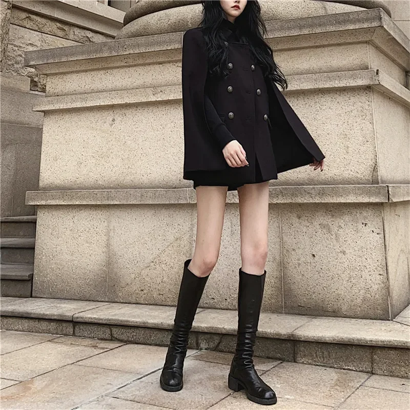 A Line Black Coat for Women Fall Winter British Fashion Thick Cloak Ponchos Elegant Lady Celebrity Double Breast Capes Jacket