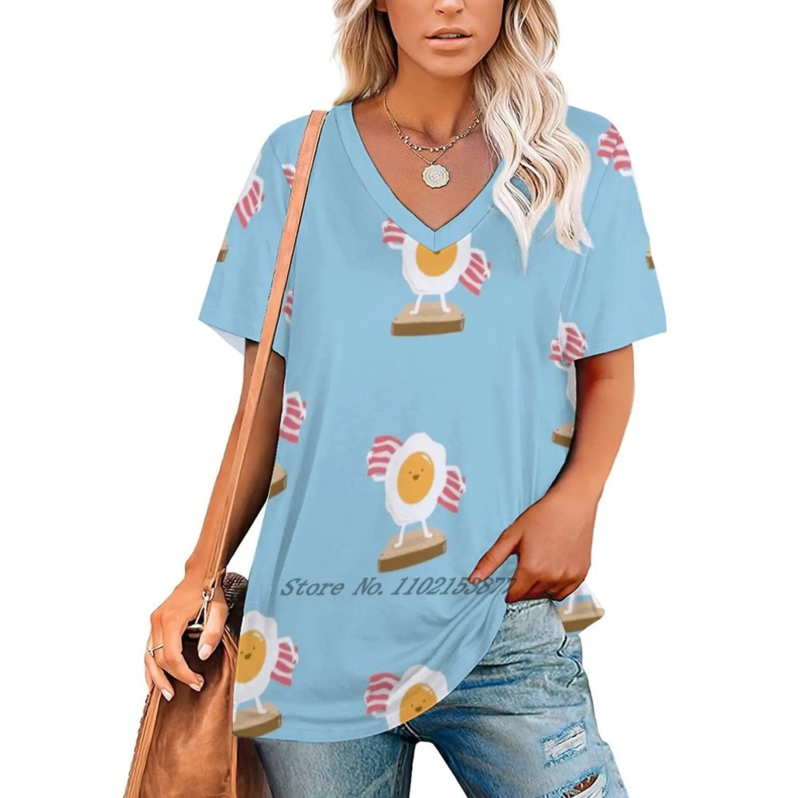 Beach Towel Woman Tshirts Printed Tops Zipper V-Neck Top Fashion Graphic T Shirt Food Bread Breakfast Eggs Bacon Humor Shower