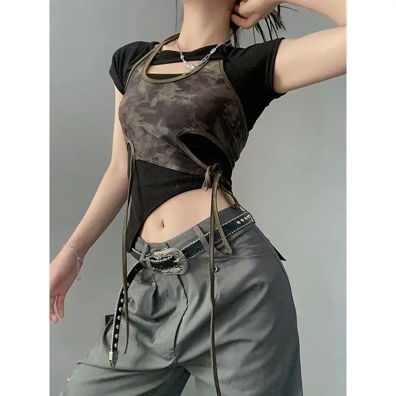 Retro Spicy Girl Camouflage Print Mesh Neck Hanging Strap Summer Slimming Short Two-Piece Set Women's T-Shirt Casual Fashion