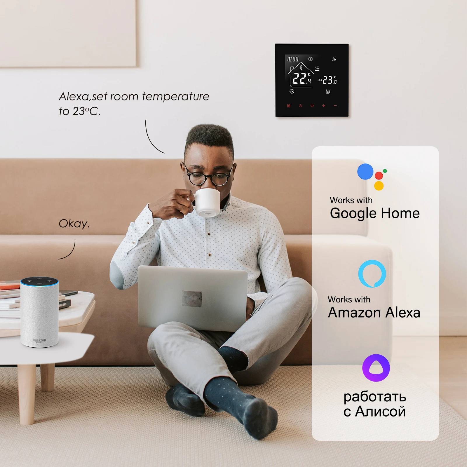 Beok-Tuya WiFi Termostato Inteligente, Controlador de Temperatura, Elétrico, Quente, Aquecimento de Piso, Água, Caldeira a Gás, Google Home, Alexa,