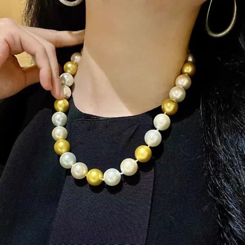 New Noble Temperament Pearl Necklace 11-12mm Large Particle White Gold Mixed Color Pearl Necklace