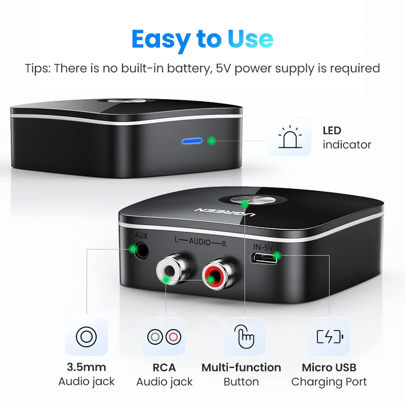 Penerima RCA Bluetooth UGREEN 5.1 AptX HD 3.5Mm Jack Aux Musik Adaptor Nirkabel untuk TV Mobil RCA Bluetooth 5.0 3.5 Penerima Audio