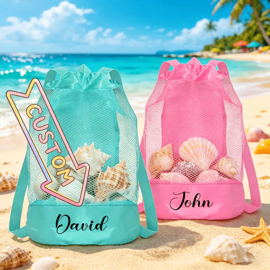 Personalized Custom Name Mesh Drawstring Beach Bag Kids Swimming Toy Storage Backpack Custom Summer Seaside Travel Gift Bag