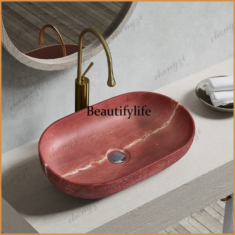 P182 P182 Medieval wind wabi sandy wind red travertine stone platform basin column basin, wash basin hotel clubhouse