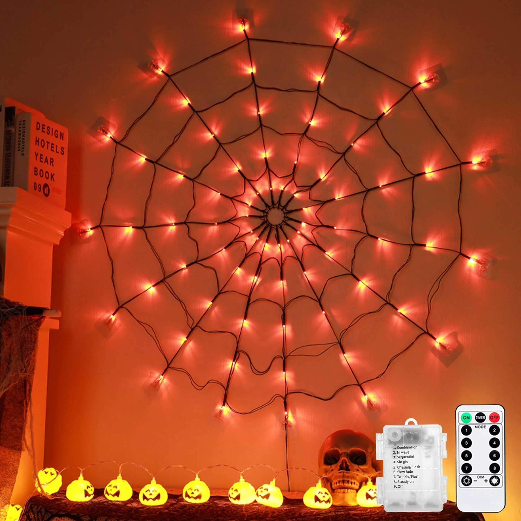 70 LED Halloween DIY Lights Spider Web Lamp Battery Powered String Lights 8 Modes Purple Orange Haunted House Decor Party Room