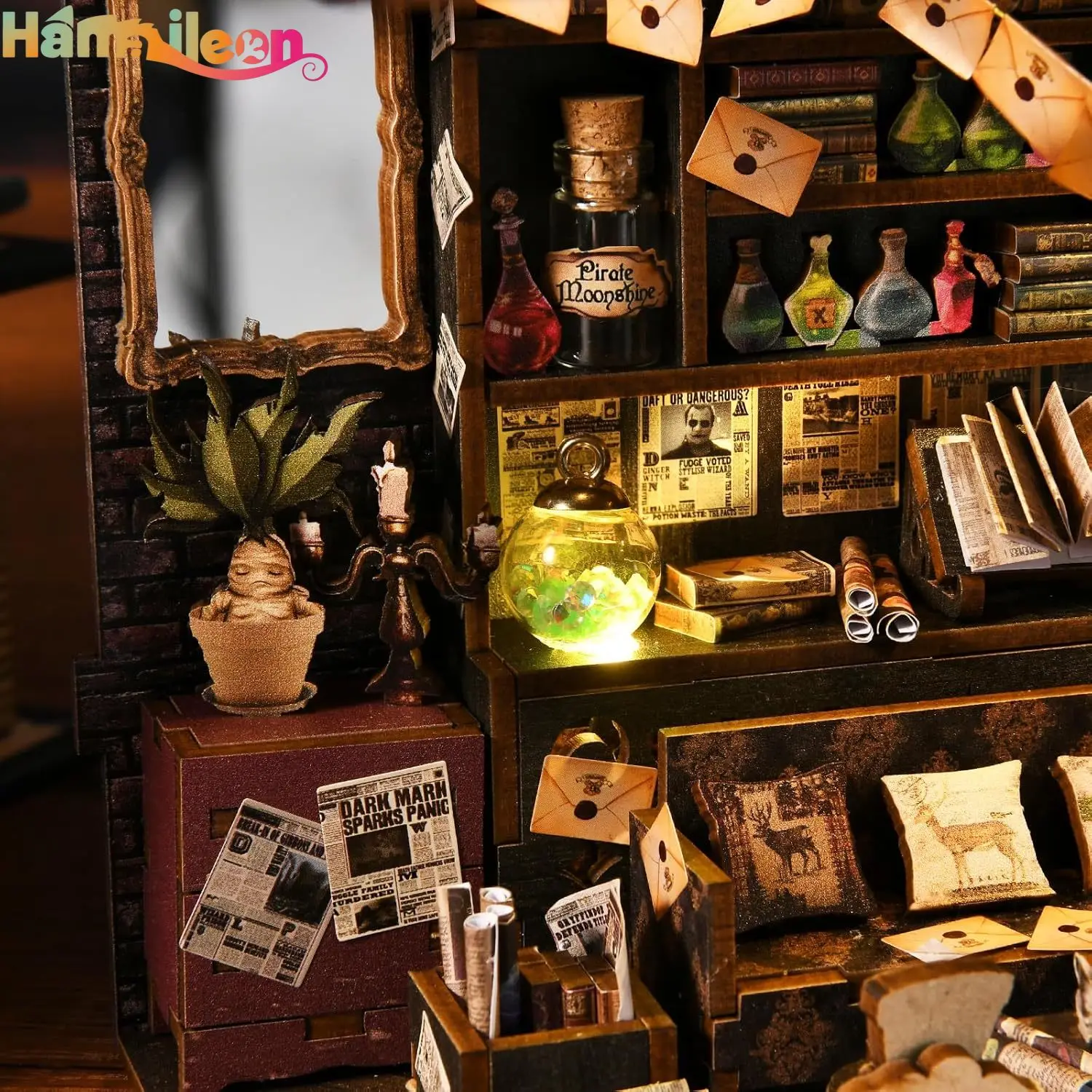 Hamaileon livro nook kit, casa de bonecas diy em miniatura, estante estante decoração modelo construir com capa poeira (casa de magia)