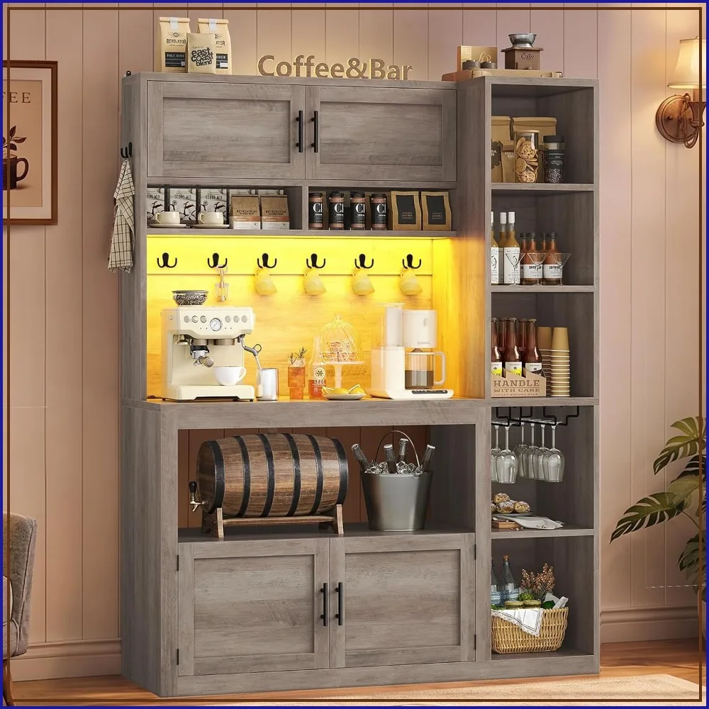 Farmhouse Bakers Rack Coffee Bar Cabinet with Storage and Power Outlet