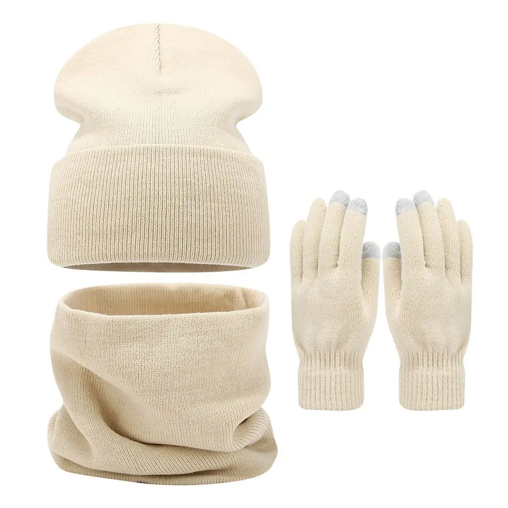 3Pcs/Set Warm Winter Hat Scarf Gloves Set Thicken Windproof Scarf Neck Warmer Elastic Soft Touchscreen Gloves for Men Women