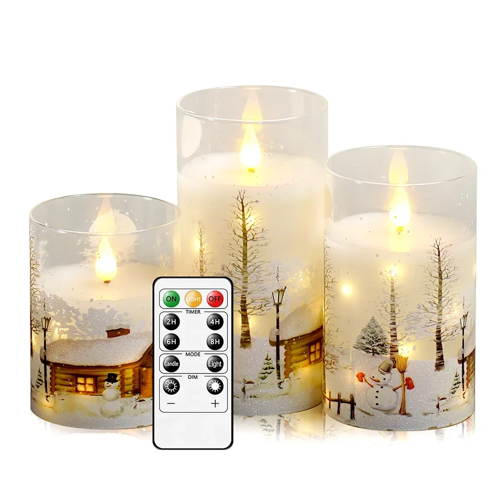 Glass Paraffin Built In String Light Christmas Village Flameless Candle 2AA Battery Remote Control Timer Candle Decor Lighting