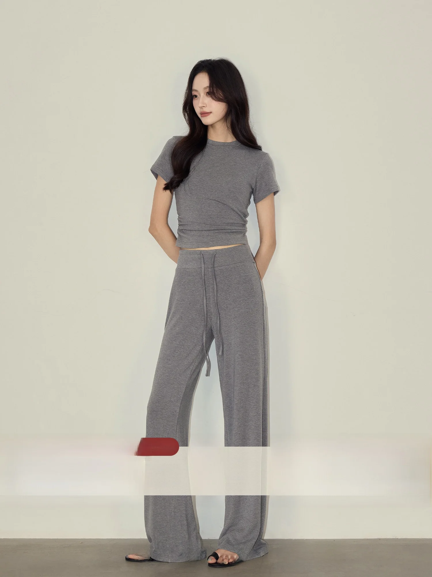

Soft Cozy Casual Women's Set ort oulder T-irt And Pants Two-piece Summer High-waisted Long Straight-leg Cotton Blend
