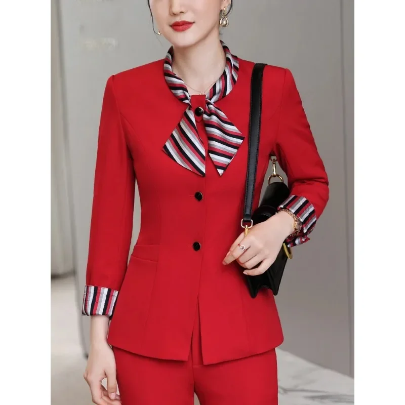 Elegant Office Ladies Work Wear Blazer Women Red Black Navy Solid Long Sleeve Formal Jacket With Bow