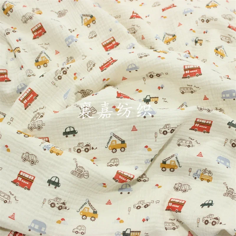 1M/2M/5MDouble Cotton Gauze Crepe Cartoon Engineering Car Baby Clothing Summer Cool Quilt Blanket Cloth cotton fabric