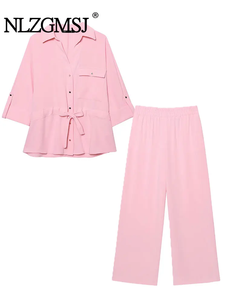 

Лето 2025 г., женская повседневная шикарная однотонная рубашка с отложным воротником, однобортная рубашка, свободные брюки с карманами, модные костюмы