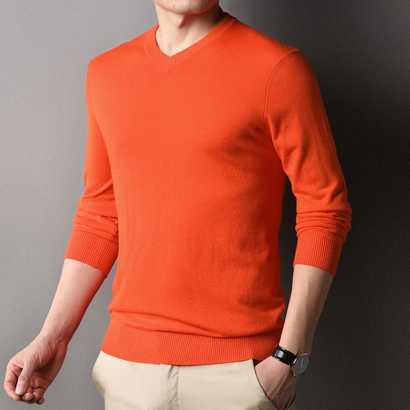 

Men's Real Wool Knitwear Casual V-Neck Cashmere Jumpers Slim Fit Male Solid Color Wool Sweater Long Sleeve Knit Tops