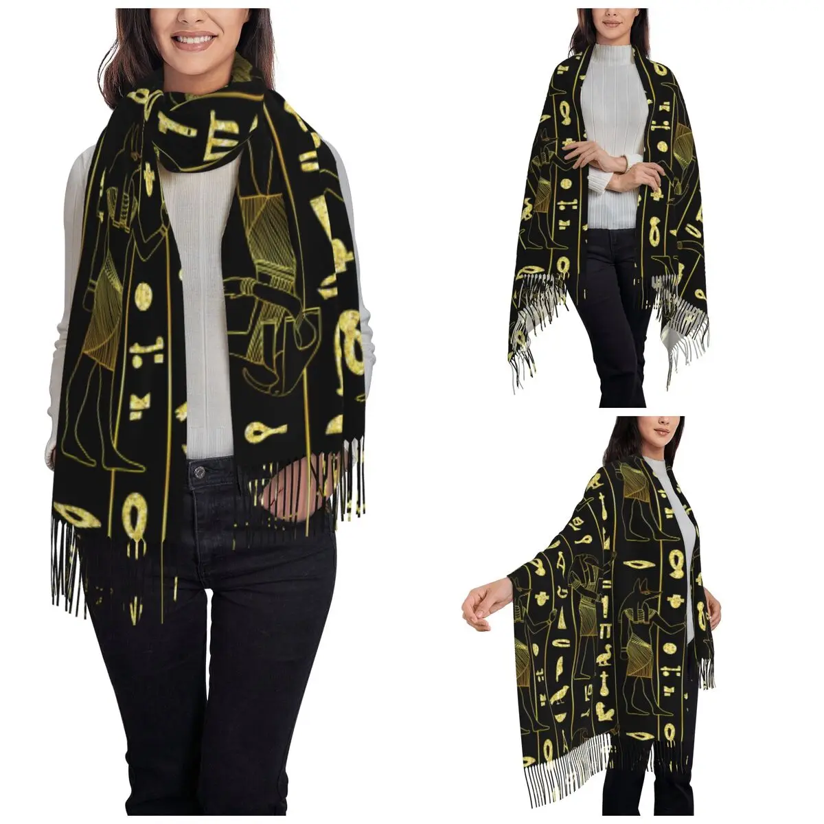 Ancient Egyptian Gods Hieroglyphs Scarf for Womens Cashmere Shawls and Wrap Egypt Symbols Scarves with Tassel for Daily Wear