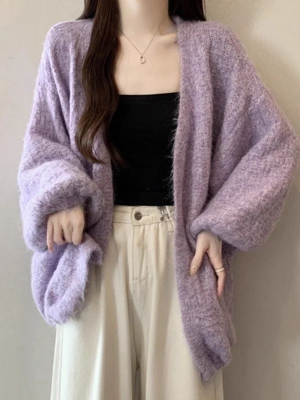 

Фиолетовый вязаный открытый кардиган, женская верхняя одежда, ранняя осень 2024, свитер больших размеров, высококачественный топ, красивый вид