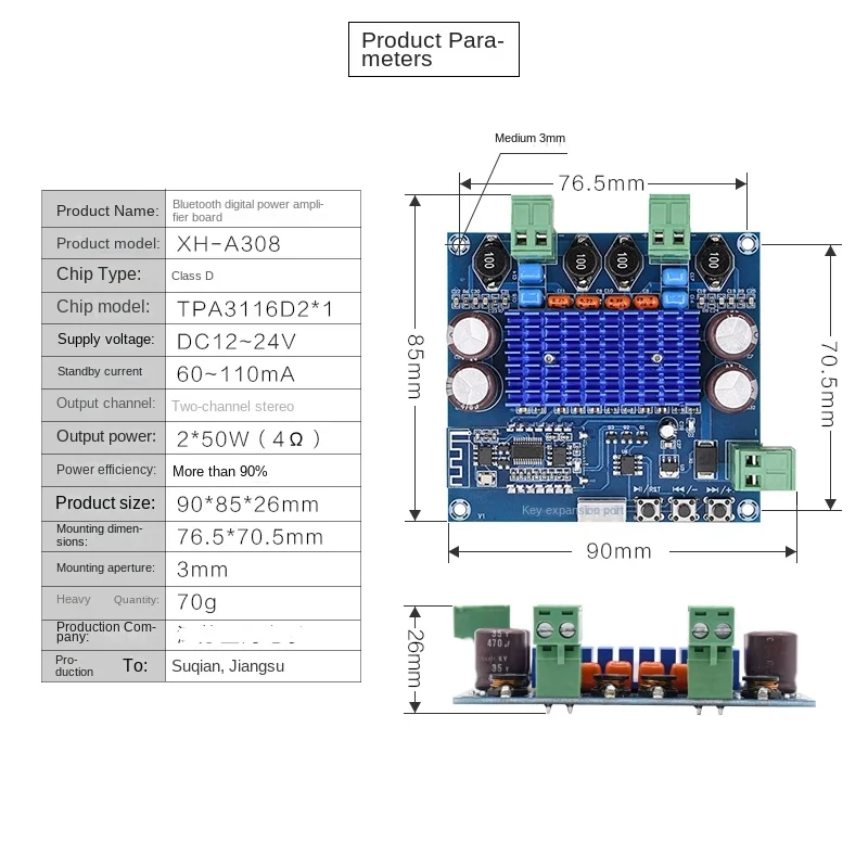 XH-A308 High Power Bluetooth-Compatible Module TPA3116D2 Amplifier Board Dual Channel Full Plug-in Design