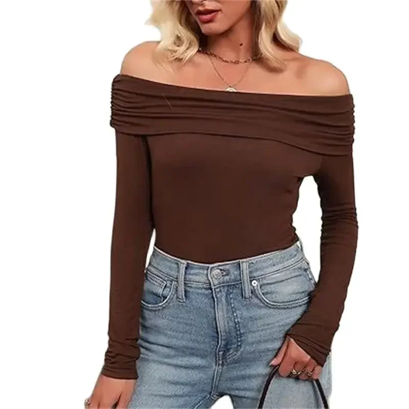 

Sexy Off The Shoulder Pleated One-piece Collar T-Shirt Women Fashion Casual Tops Female Autumn Slim Fit Stretch Long Sleeve Tees