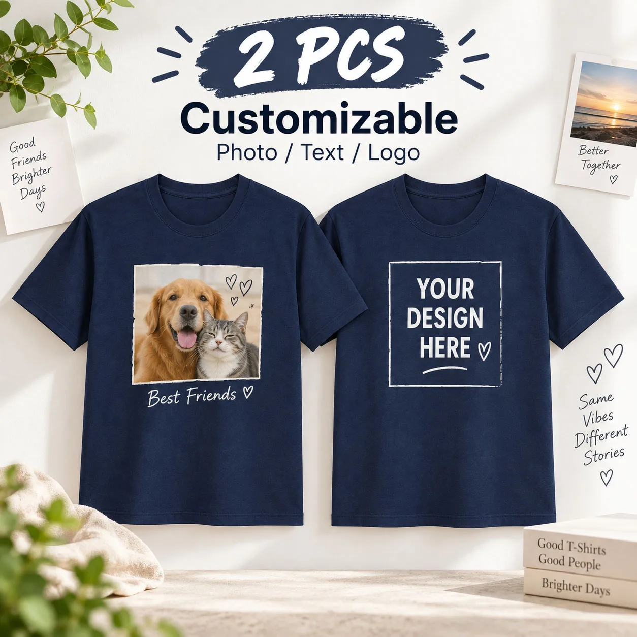 2PCS Custom T Shirt Personalized Pet Portrait Photo Text Logo Cotton Short Sleeve Unisex Tee for Couple Family Pet Lover Gift