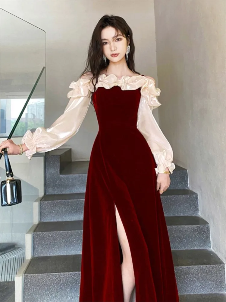 Autumn Evening Party Dress Prom Robe Ruffles Patchwork Long Sleeve Off Shoulder A-line High Split Wedding Maxi Vestidos Mujer