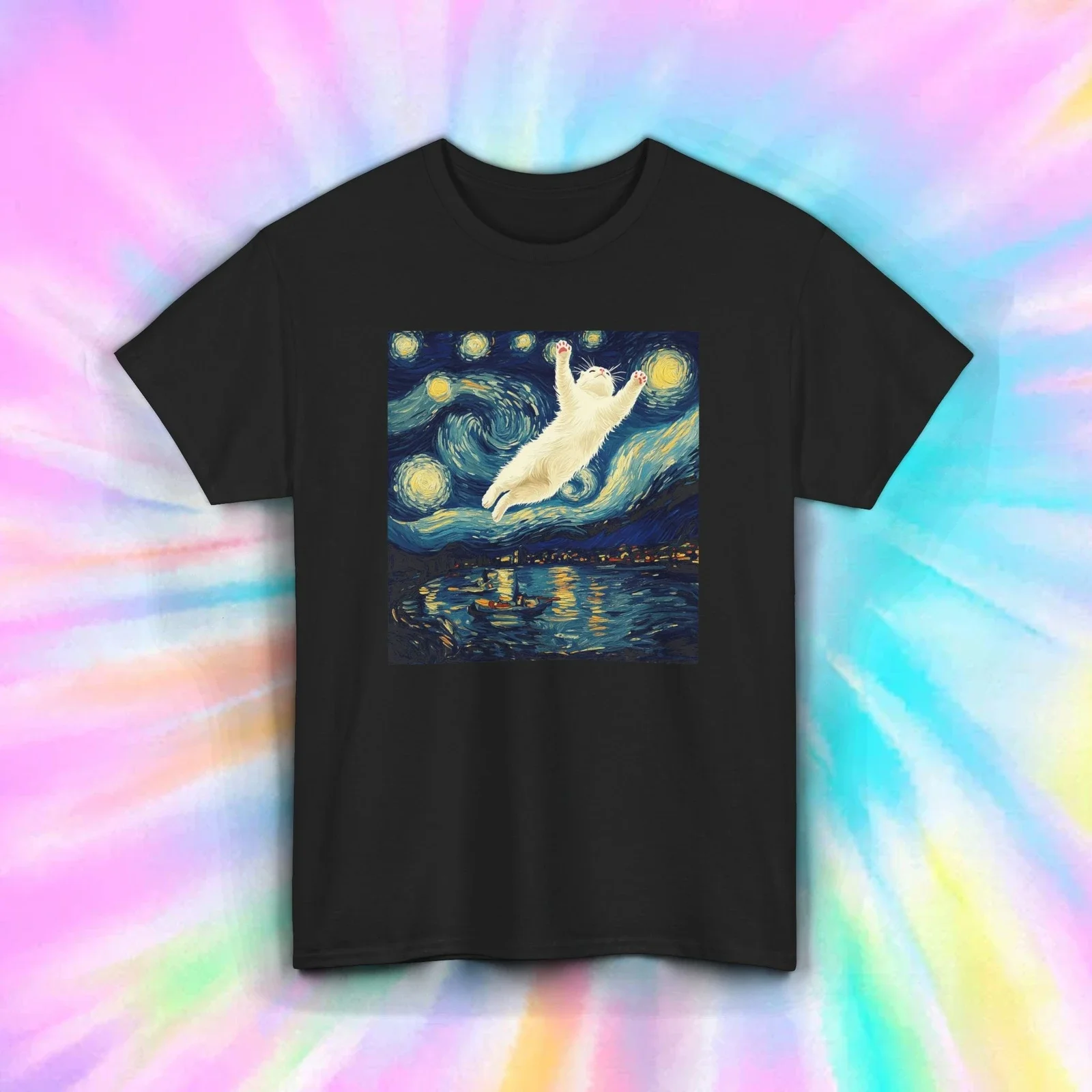 Starry Night Cat Jump Funny Van Gogh Art Parody Animal Meme Graphic Tee S-5XL