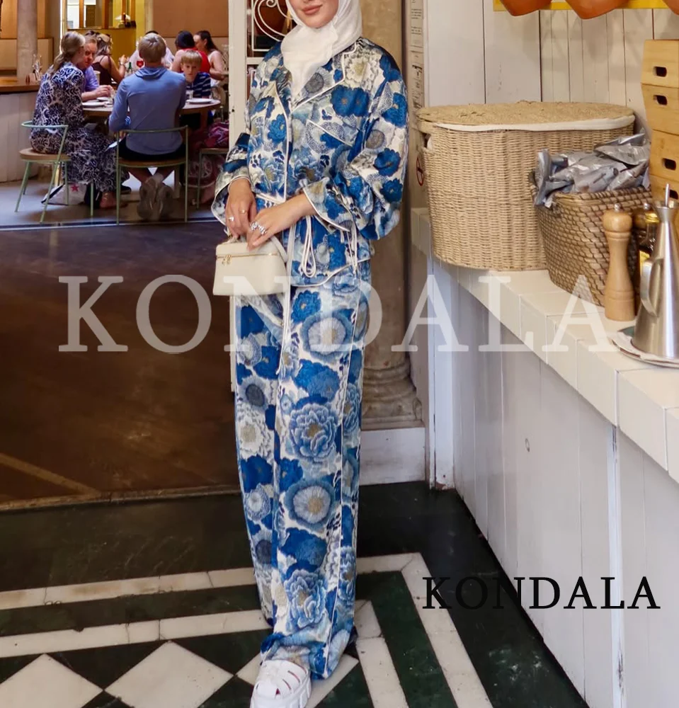 KONDALA Damen Elegantes Schickes Bedrucktes Hosenset 2026 Frühling Sommer Trendiges Urlaubs-Freizeitset Damen Schnür-Knopf-Hemden, Lange Hosen – Detail 4