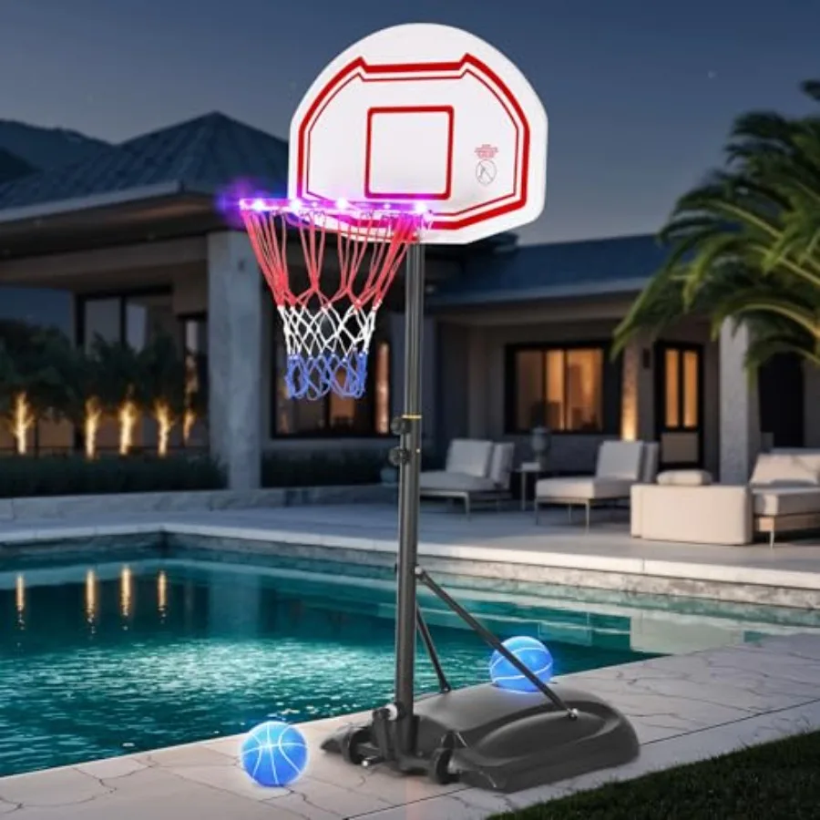 

Pool Basketball Hoop with LED Lights Portable Poolside Basketball Hoop Outdoor Goal Adjustable Height 36-53 Swimming Pool Game