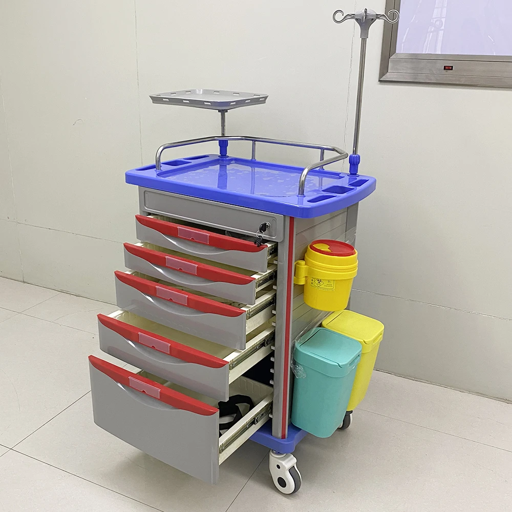 Medische noodkar, 5-lades noodhulptrolley, behandelkar voor ziekenhuis en kliniek, zwaarbelastbaar medisch materiaal