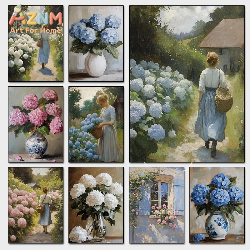 AZNM Hydrangea Flower Canvas Wall Art Oil Painting Country Garden Lady Vintage Floral Vase Picture Unframed Canvas Home Decor Pa