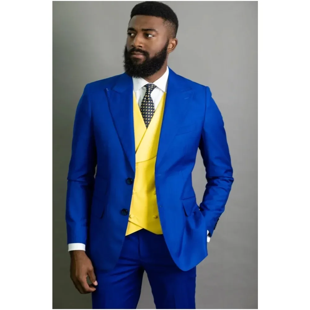 Royal Blue Men Suits With Yellow Vest 3 Pcs Wedding Groom Costume Homme Business Blazer Sets Jacket+Pant+Vest