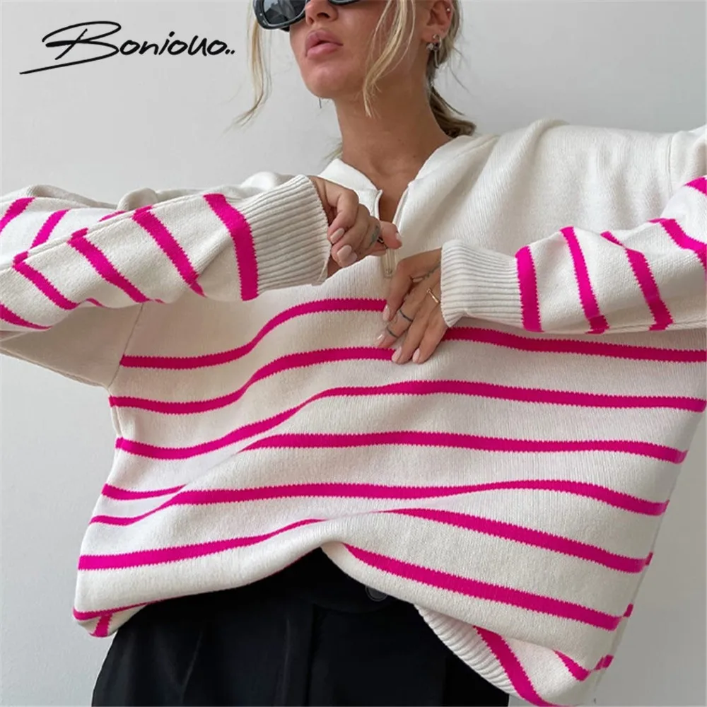 

Boniouo Striped Women Zipper Knitted Sweater Pullover Autumn Winter Long Sleeve Sweaters Pullovers Female Top Woman Clothes 2022