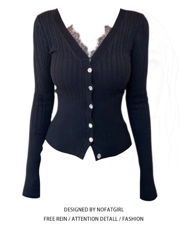 

plus Size Knitted V-Ne Lace Trim Open Cardigan Women's Autumn Winter Slimming Base irt Korean Sle Regular Sve Long