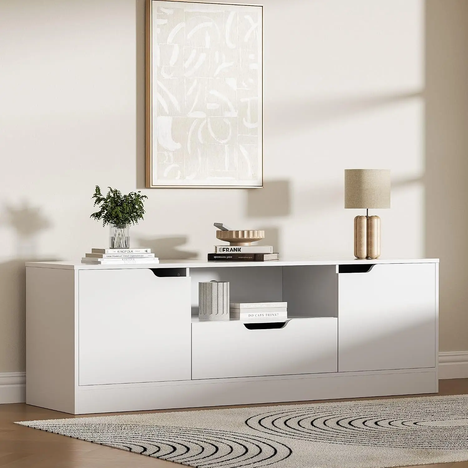 Modern TV Stand Media Cabinet for 55-65 Inch Screen, White Finish, Living Room Storage, Customized