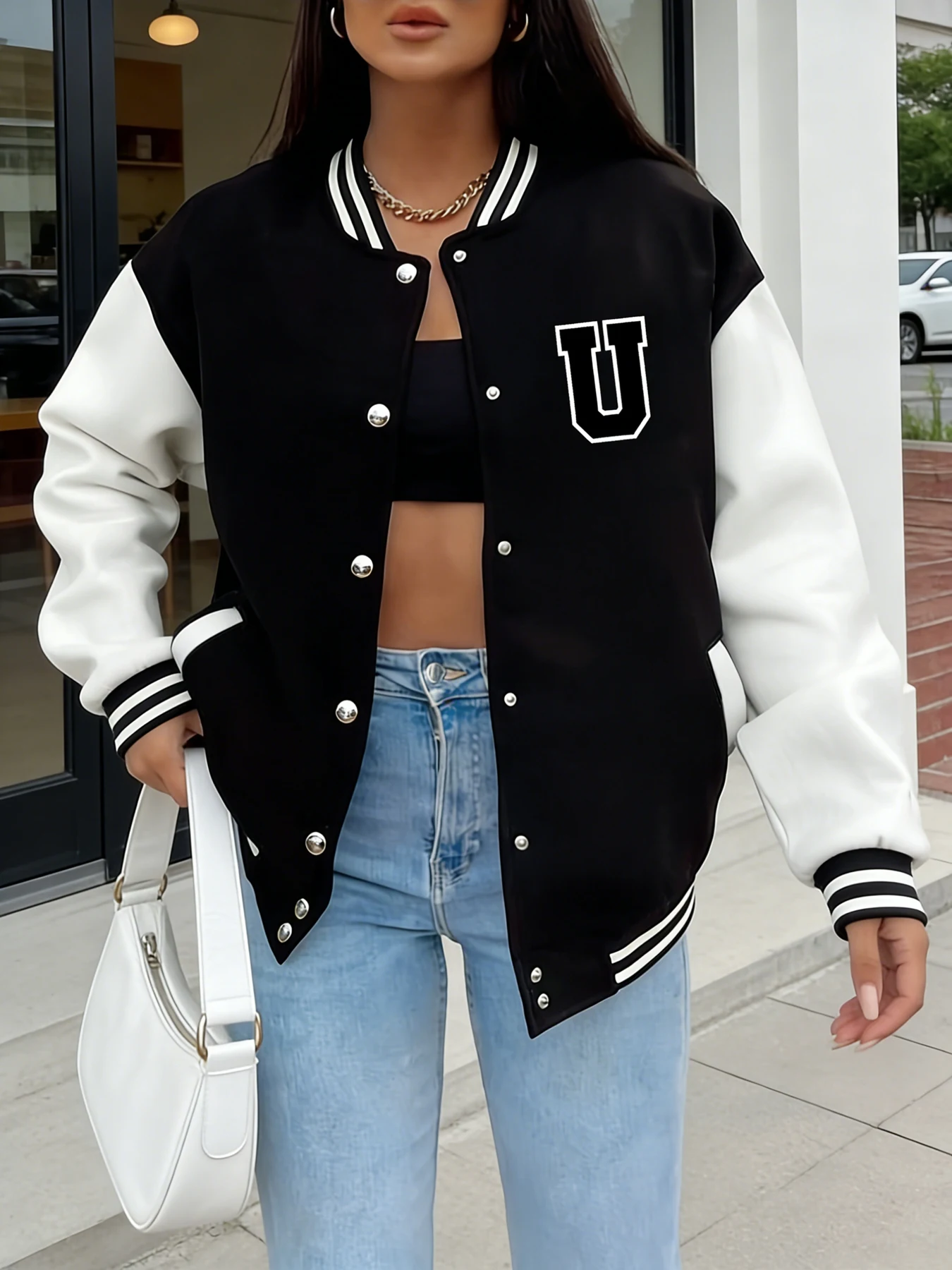

Women Oversized Varsity Jacket Letter U Print Long Sleeve Button Front Bomber Jacket Casual Streetwear Outerwear Spring Autumn