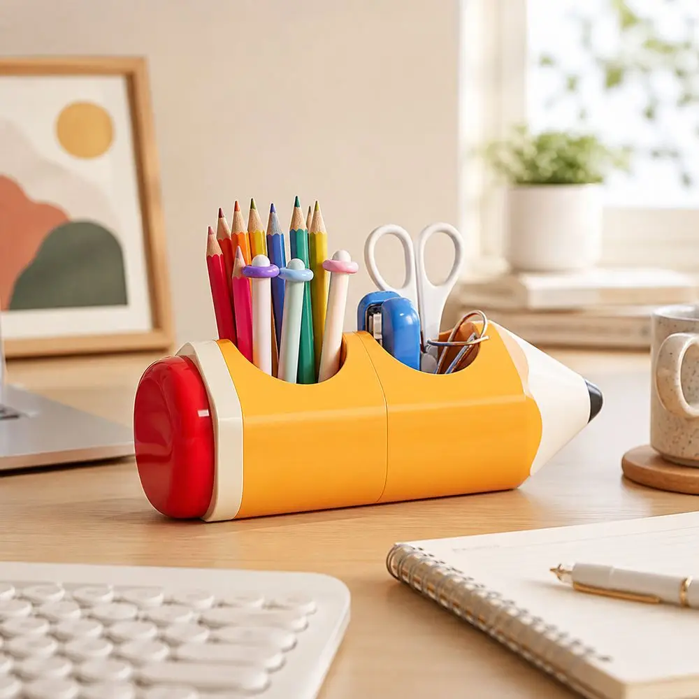 Gifts Plastic Pencil Holder Cartoon Style Pencil-Shaped Pen Holder Open Top Multi-Compartment Desk Organizer School Supplies