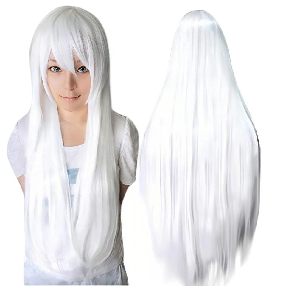 Peluca larga sintética plateada blanca para cosplay anime, fiesta de Halloween, lacia blanquecina con flequillo 2