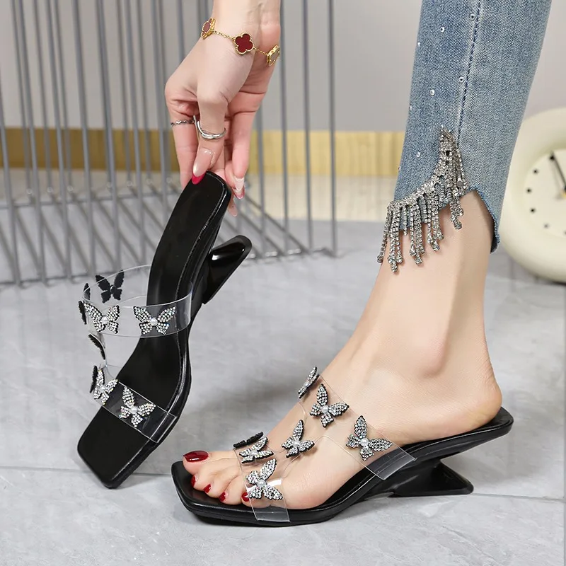 

2026 Rhinestone Butterfly Sandals Women New Summer Fashion Square Toe Lightweight Slippers Open Toe Casual Slides Women Shoes