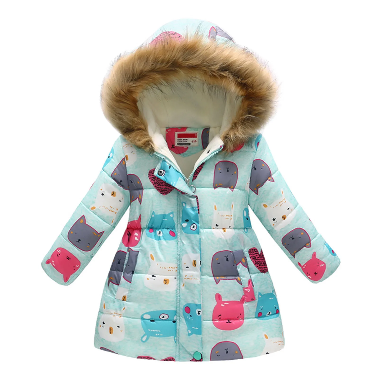 New Kids Hooded Jacket Girls Winter Warm Coat Artificial Fur Children\'s Clothes Cute Cartoon Fox Print Thicken Autumn Outerwear