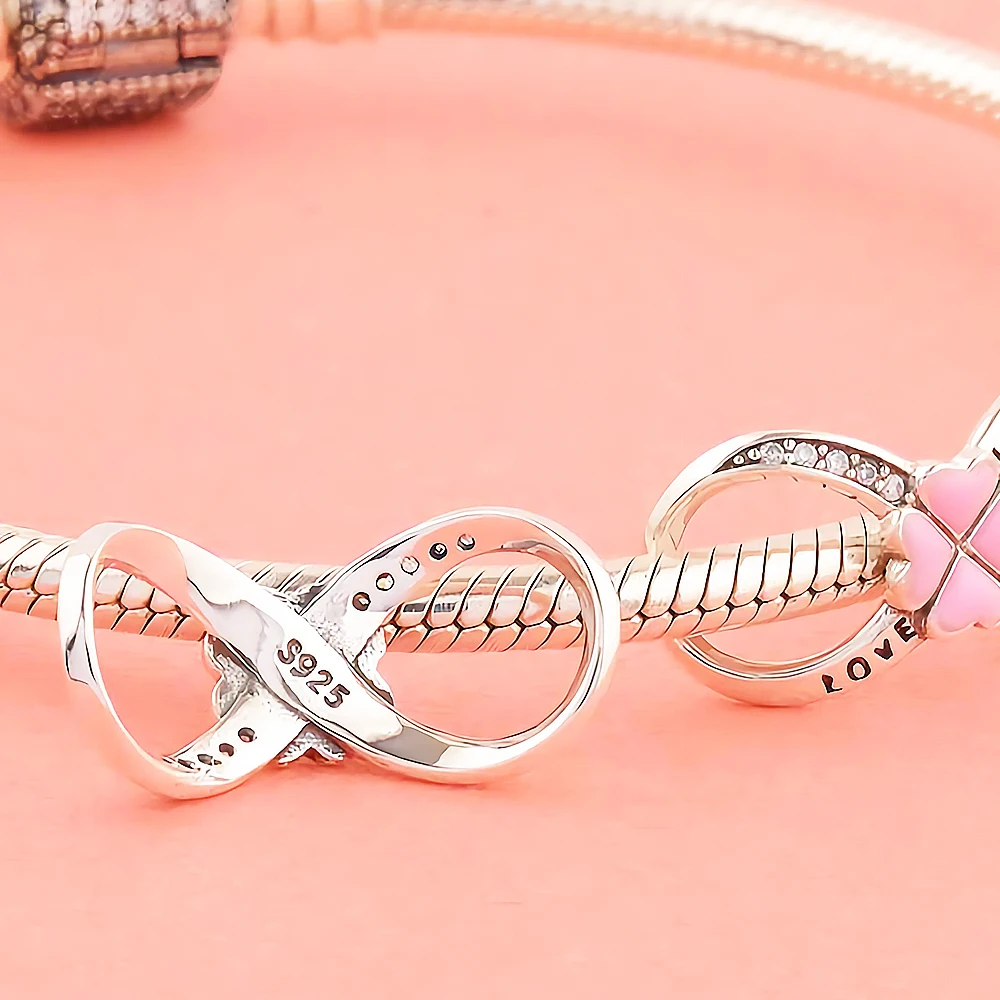 925 Sterling Silver Infinity Love Charm Pink Enamel Heart CZ Bead Fit Original European Bracelet For Women DIY Fine Jewelry Gift