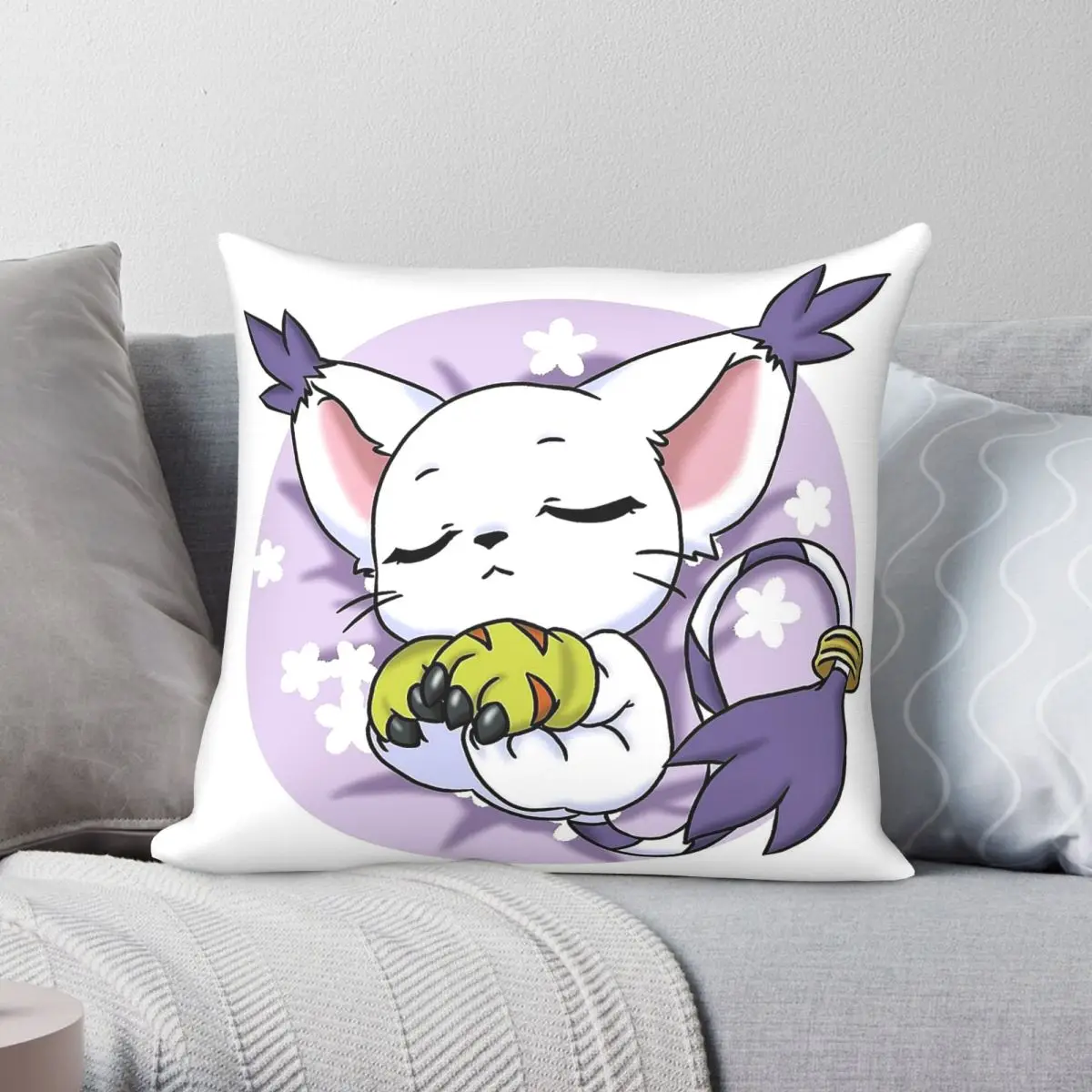 Digimon Sleeping Gatomon Pillowcase Polyester Linen Velvet Printed Zip Decorative Home Cushion Cover