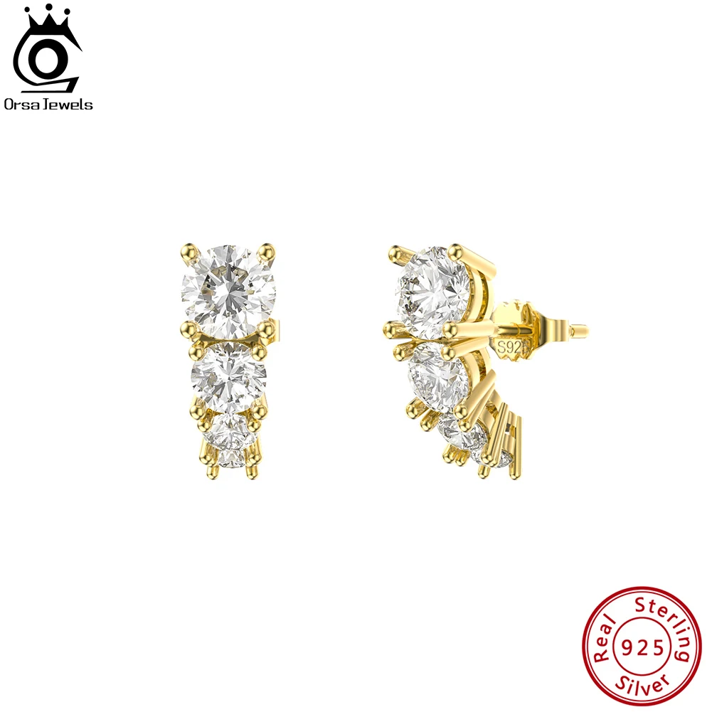 

ORSA JEWELS 925 Sterling Silver Fashion Geometric Earrings Shiny Zircon Ear Stud Engagement Party 14K Gold Jewelry Gift SE379