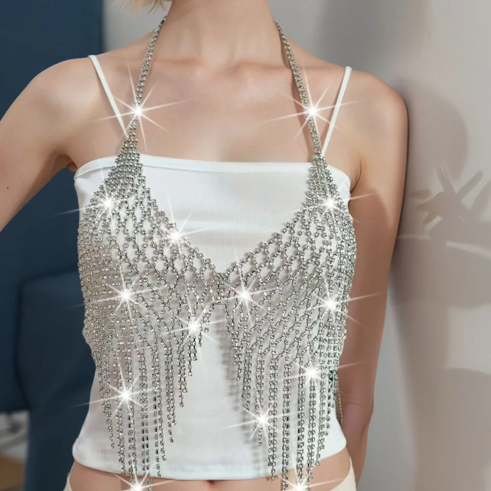Shiny Rhinestone Body Chain Geometric Mesh Tassel Sexy Chest Jewelry For Party Nightclub Stage Performance Fashion Wear