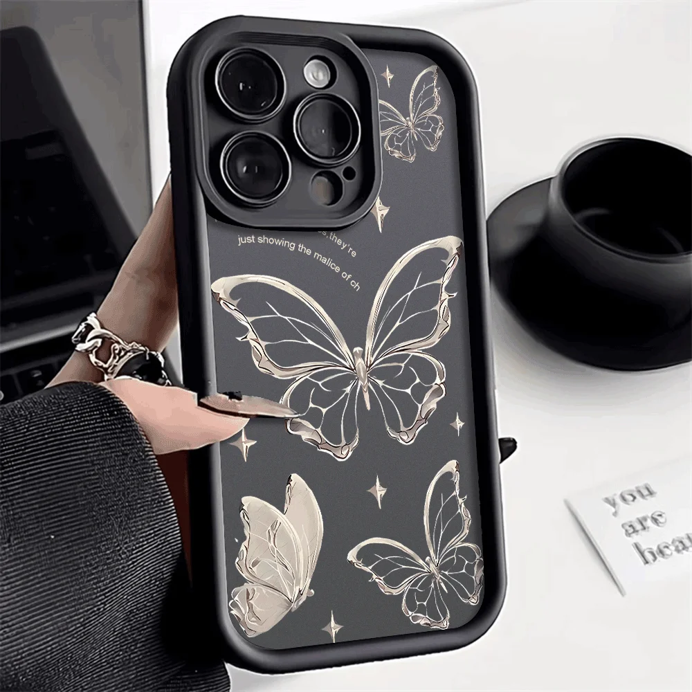 Gold Butterfly Silicone Phone Case For iPhone 16 15 14 Pro Max Cases iPhone 13 12 11 Pro Max Mini XS XR X 7 8 Plus SE 2020 Cover